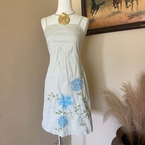 J. Crew Grey Cotton Mini Dress with Blue Floral Embroidery